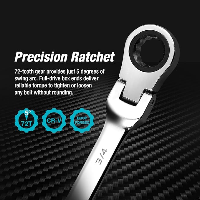 DURATECH 3/4" Flex-Head Ratcheting Combination Wrench, SAE, 72-Tooth, CR-V Steel
