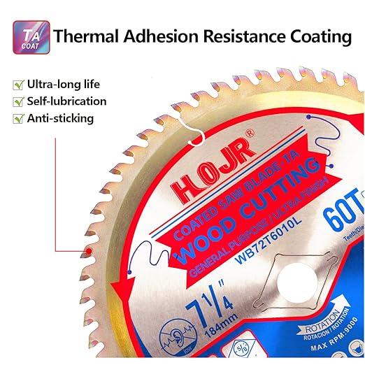 2-Pack 7-1/4" 60-Tooth 5/8" Arbor Woodworking Circular Saw Blade,Ultra Finish/General Purpose,Special Anti-Thermal Adhesion Coating on Cutting Edge-TA,High Finish, Long Life, 7-1/4" 60T 5/8"
