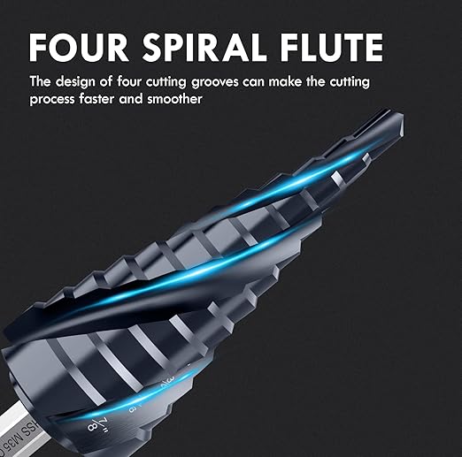 𝗠𝗔𝗖𝗫𝗖𝗢𝗜𝗣 𝗙𝗼𝘂𝗿 𝗦𝗽𝗿𝗶𝗮𝗹 𝗙𝗹𝘂𝘁𝗲 M35 Cobalt Step Drill Bit, 1/8"-7/8" (3PCS) Ultra 𝗧𝗶𝗔𝗜𝗡 Coated, 1/4" Hex Shank Drill Bit for Metal, Stainless Steel, Aluminum, Copper, Wood, PVC