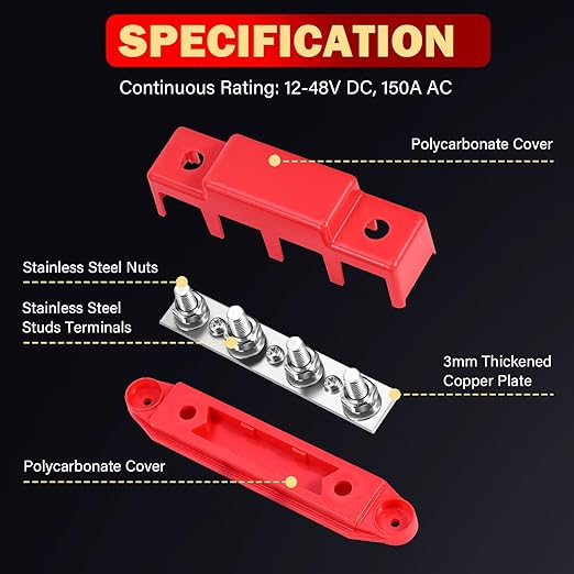 FEITON Power Distribution Block, 12V 150A Bus Bar, 5/16" Studs Terminal Strip, 12-48V Heavy Duty Terminal Block, Positive & Negative Junction Block with Cover, RV Car Marine Automotive Battery Busbar
