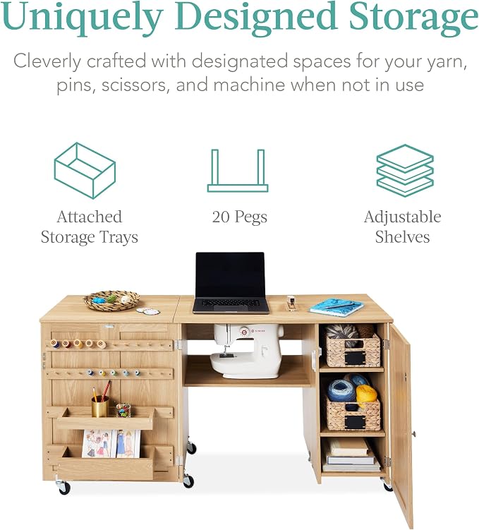 Best Choice Products Large Folding Sewing Table, Caster Wheels, Storage Shelves - Image 3