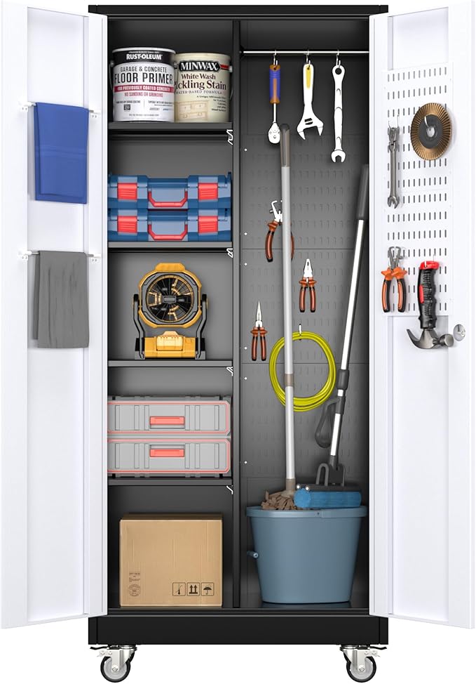 71" H Broom Storage Cabinet with Wheels and Doors,Rolling Tool Cabinet with Pegboard,Shelves and Rod for Garage Warehouse Home,Required Assembly,Black and White