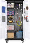 71" H Broom Storage Cabinet with Wheels and Doors,Rolling Tool Cabinet with Pegboard,Shelves and Rod for Garage Warehouse Home,Required Assembly,Black and White