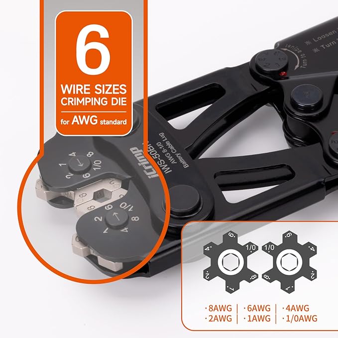 iCrimp Battery Cable Lug Crimping Tool for 8, 6, 4, 2, 1, 1/0 AWG Copper Cable Lugs, with Wire Cutter and Stripper, Battery Terminal Crimper