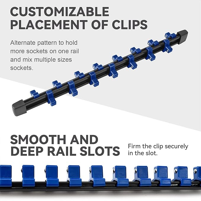 ALOANES 6 PC ABS Socket Organizer, 3/8 inch, Drive Socket Rail Holders, Heavy Duty Socket Racks, Black Rails with Blue Clips