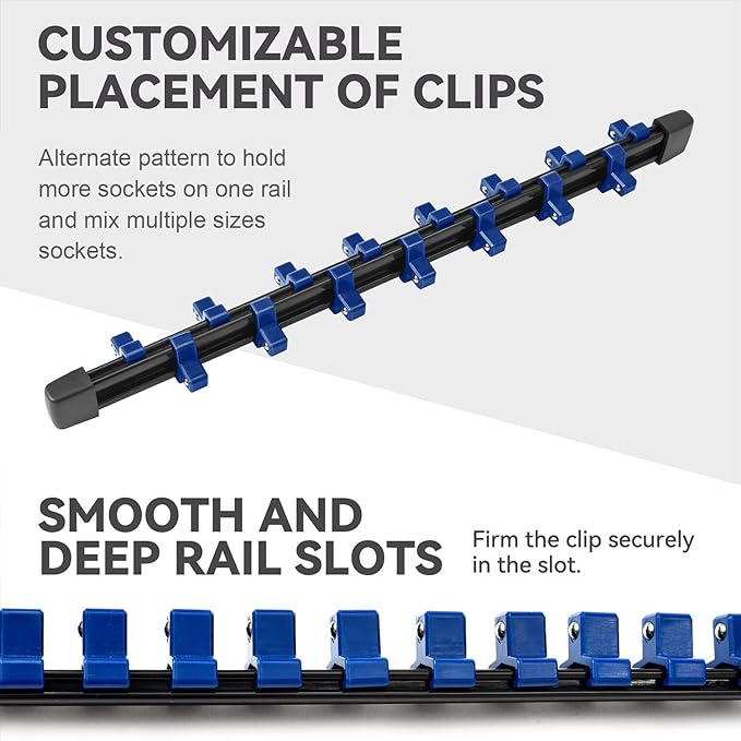 ALOANES 3 PC ABS Socket Organizer, 1/4 inch, Drive Socket Rail Holders, Heavy Duty Socket Racks, Black Rails with Blue Clips