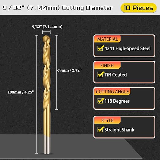 Drill Bit, 9/32" Cutting Diameter (7.144mm), 4241 HSS TiN Coated 118° Cutting Angle Versatile Jobber Bits - (Applications: for Drilling Plastic Wood Soft Thin Metal), 10-Pieces
