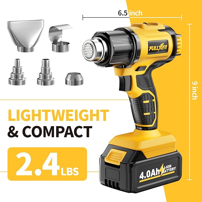 Cordless Heat Gun, 300℃-550℃ Fast Heating Gun Kit, 2 Temperature Setting Cordless Heater, Hot Air Gun with 2*4.0Ah Batteries & 5 Types Nozzles, Heat Guns for Shrink Tubing, Crafting (Yellow)