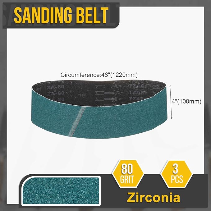 4 x 48 Inch Sanding Belt, 3 Pcs 80 Grit Zirconia Knife Sharpener Belts Work Sharpening for Belt Sander Knife Carving Tool Metal Working