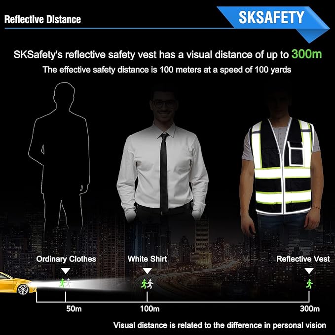SKSAFETY 10 Pockets Safety Vest, Class 2 High Visibility Security with Zipper, Hi Vis Vest with Reflective Strips, ANSI/ISEA Standard, Construction Work Vest for Men ＆ Women （Black, XL）