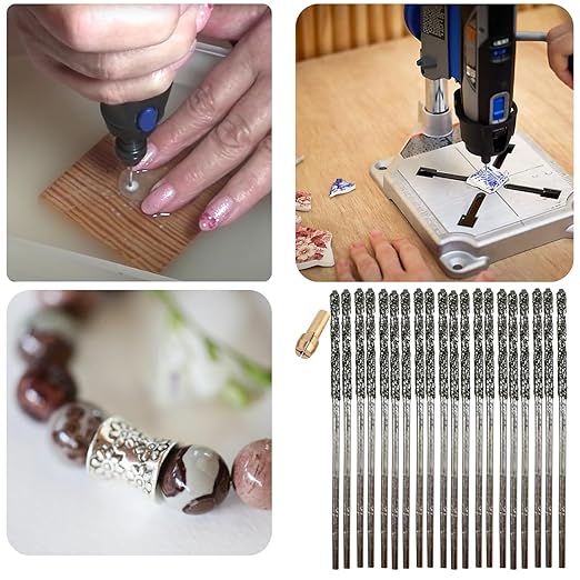 Drilax 1mm Diamond Drill Bit Set (20-Pcs) with Collet | Compatible with Dremel Rotary Tools | for Jewelry Making, Glass, Stone, Seashells & Gemstones