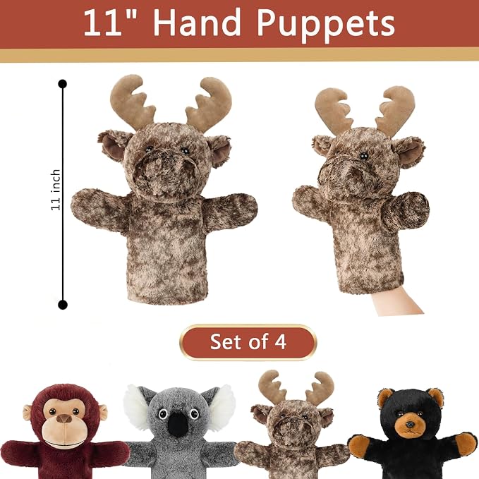 4 PCS Animal Hand Puppet Set 11'' Soft Realistic Wild Plush Puppets Toys - Image 3