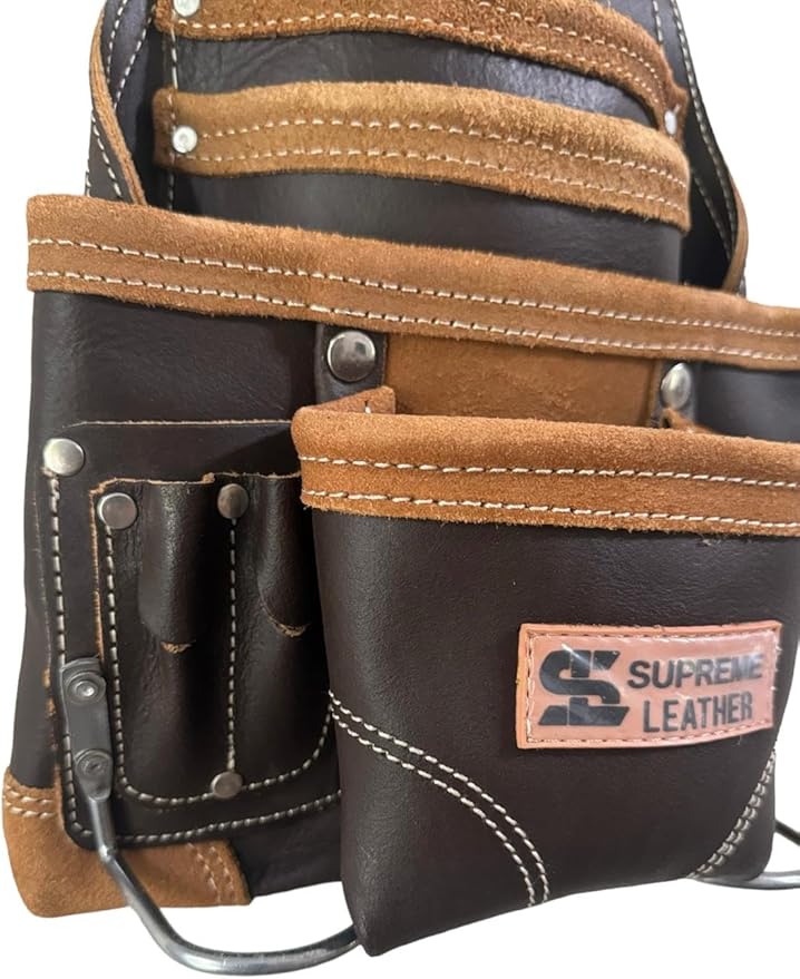 Supreme Leather Tool Pouch for Construction Carpenter Tool Bag Electrician's Pouch | 10 Pockets 2 Stainless Steel Hammer Holders Top Grain Leather Bag