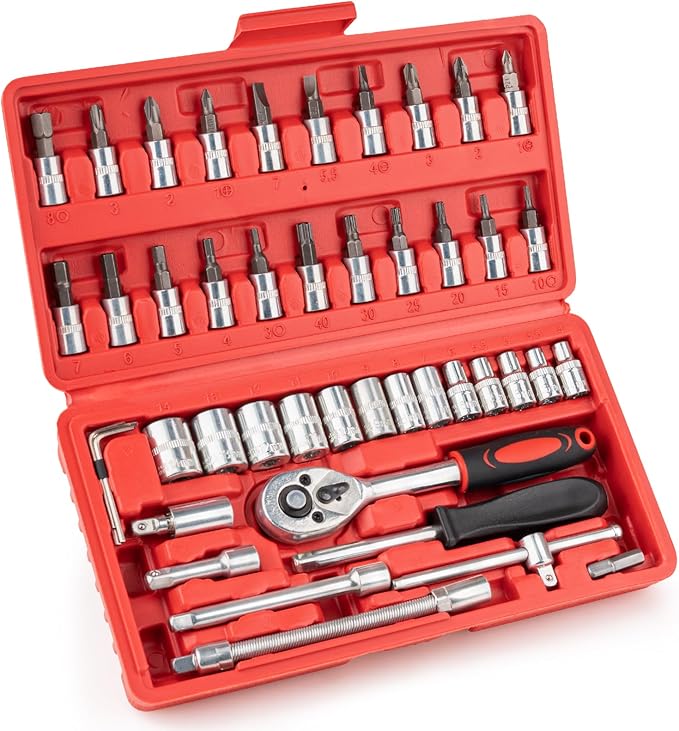 46PCS Small Drive Socket Ratchet Wrench Screwdriver Set, 1/4 Inch Metric Socket and Ratchet Wrench Set with Extension Bar, Compact Tool Set for Car
