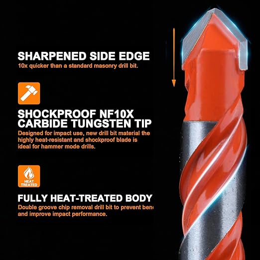 Concrete Carbide Drill Bits Hex Shank Masonry Cement Tile Drill Bit Set for Glass/Brick/Plastic/Cement/Tile 1/2" (5PCS)