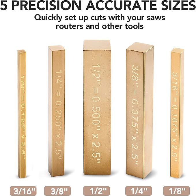 LOSTRONAUT Brass Setup Blocks Height Gauge Set - Set of 5 Table Saw Accessories for Woodworkers - Bars Include Laser Engraved Size Markings - Woodworking Tool - Brass Bar