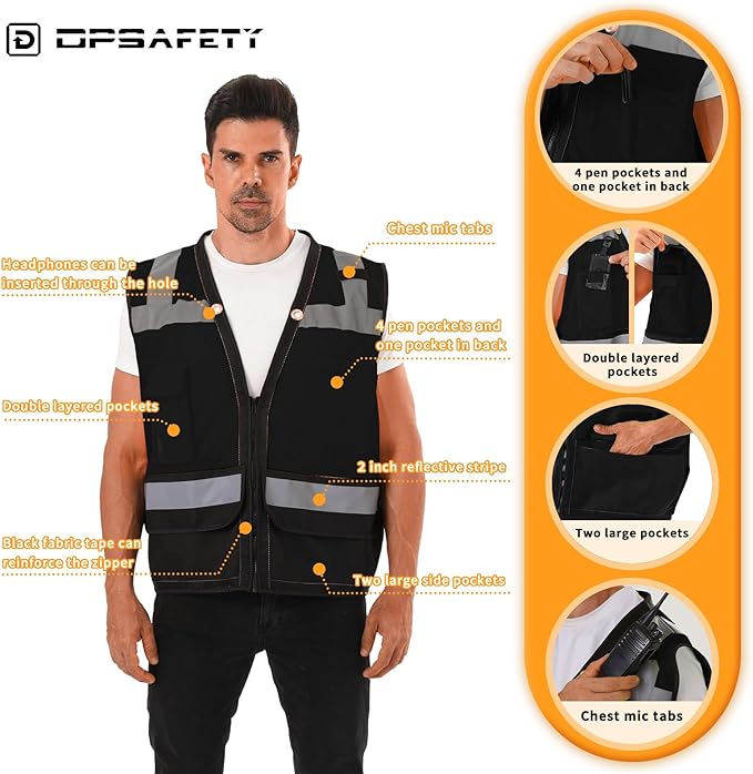 Reflective Safety vest With back plan pocket,High visibility Class 2 Heavy Duty Surveyor Vest with Zipper,Hi Vis Vest ANSI/ISEA Standard, Construction Work Vest for Men＆Women(Black,L)
