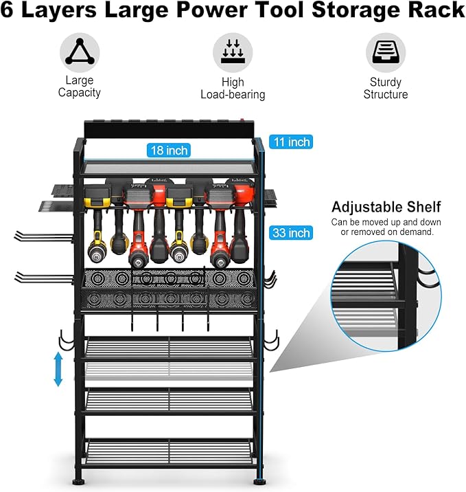 JUNNUJ Power Tool Organizer Floor Stand with Charging Station, Garage Adjustable Storage Rack Utility Tool Shelf with 8 Outlet Power Strip, Heavy Duty Drill and Battery Holder, Red