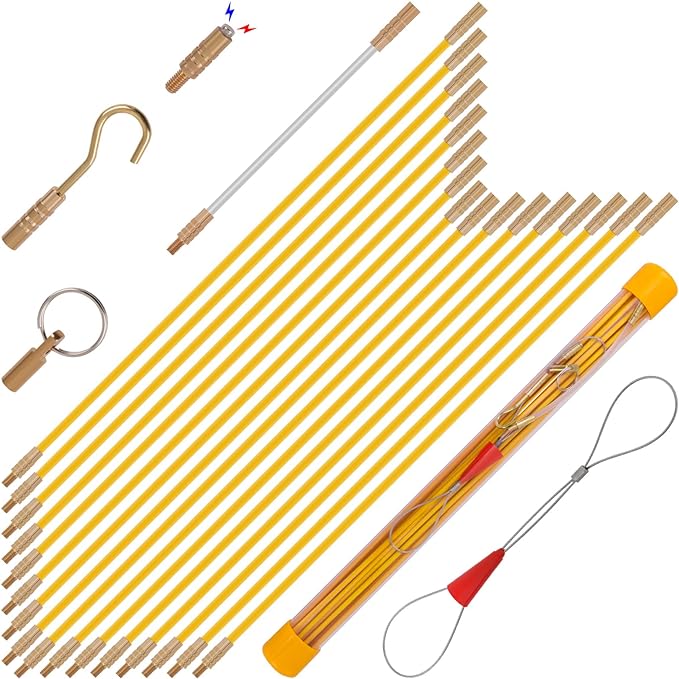 22FT Fiberglass Running Electrical Wire Cable Pulling Fish Tape kit in a Carrying Case Through Wall Cable Snake Rods Electrical Tools Kit with Different Attachments