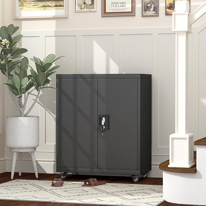 GREATMEET Metal Garage Storage Cabinets with Wheels, 31.5" H Locking Storage Cabinet with Doors and Adjustable Shelves for Garage, Office, Home (Black)