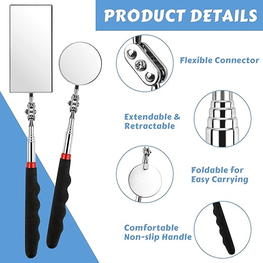 2 Pieces Telescoping Inspection Mirror, 360° Swivel Extendable Mechanic Automotive Mirrors Tools, Rectangular Round Mirror on a Stick for Mechanics, Automotive Repair, Contractors, Home Inspection