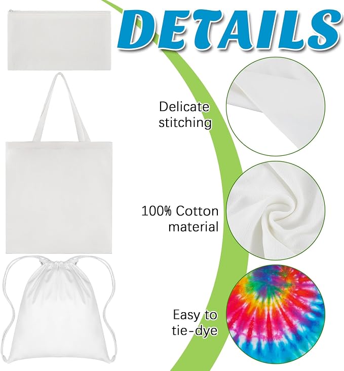 Silkfly 12 Pcs Cotton Bags Set for Tie Dye Kit 3 Style Cotton Tote Drawstring - Image 3