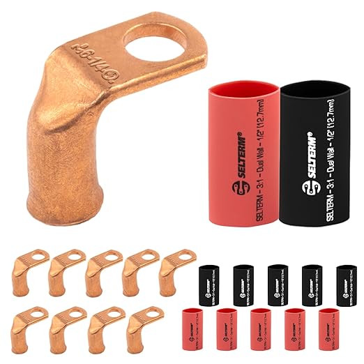 SELTERM 10pcs - 6 AWG 1/4" Stud - 90° Bent Battery Lugs - Ring Terminal Connectors with 12pcs 3:1 Black & Red 1/2" Heat Shrink Tubing - Heavy Duty Battery Cable Ends - Bare Copper Wire Connectors Kit