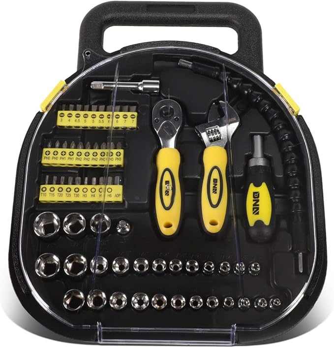 DNA MOTORING 64pcs Mechanic's Auto & Home Repair Tool Box, Screwdriver Bit Tool Set, SAE and Metric Socket Wrench Set, Yellow/Black, TOOLS-00027