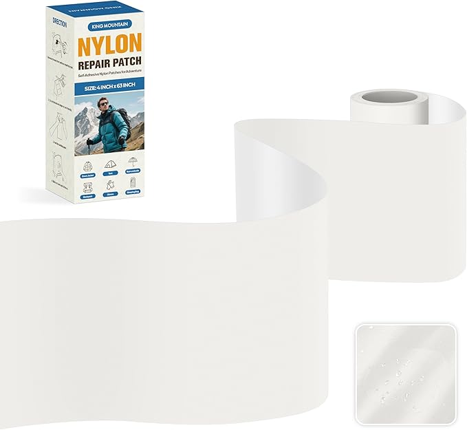 KING MOUNTAIN Self Adhesive Nylon Fabric Repair Tape, 4×63 Inches, Quick Down Jacket Repair Patch, Waterproof Outdoor Gear Patch Kit for Tent,Backpacks,Umbrella, Gloves, Sleeping Bag (White