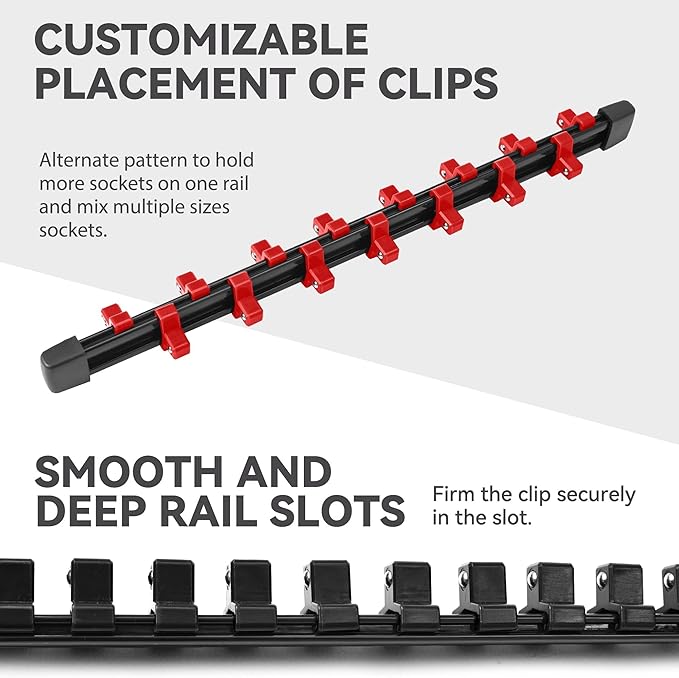 ALOANES 3 PC ABS Socket Organizer, 3/8 inch, Drive Socket Rail Holders, Heavy Duty Socket Racks, Black Rails with Red Clips