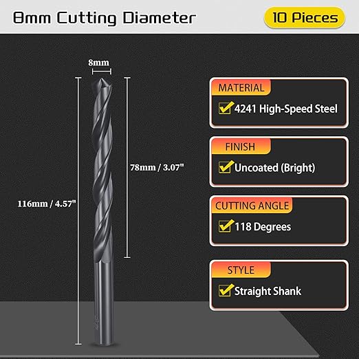 Drill Bit, 8mm Cutting Diameter, 4241 HSS Nitriding Black 118° Cutting Angle Versatile Jobber Bits - (Applications: for Drilling Plastic Wood Soft Metal), 10-Pieces