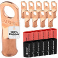 SELTERM 10pcs - 2 Awg - 3/8" Stud - Battery Lugs - Ring Terminal Connectors | with 12pcs 3:1 Black & Red Heat Shrink Tubing with Adhesive | Heavy Duty Battery Cable Ends - Bare Copper Wire Lugs Kit