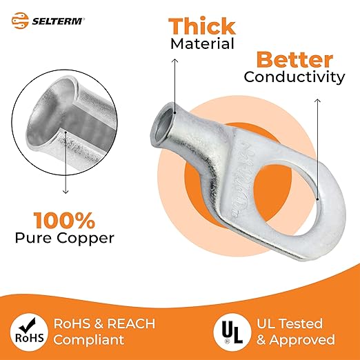SELTERM 25pcs 8 AWG 1/2" Stud Marine Grade Tinned Copper Battery Cable Lugs, 8 Gauge Ring Terminals, UL Wire Lugs Electrical Battery Cable Ends, Tinned Copper Lugs Battery Terminal Connectors