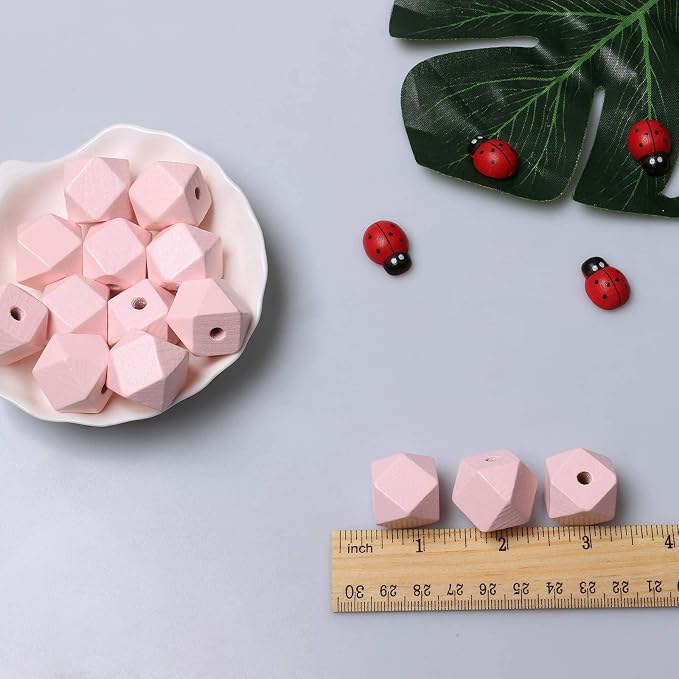 20mm Geometric Wood Beads Light Pink Polygon Wooden Loose Spacer Beads - Image 4