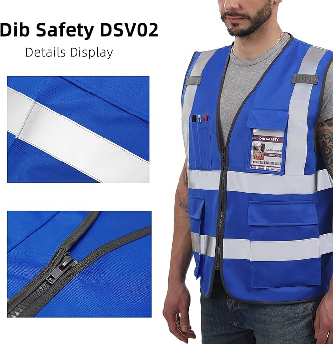 Dib Safety Reflective Vest High Visibility with Pockets and Zipper, Blue 3XL