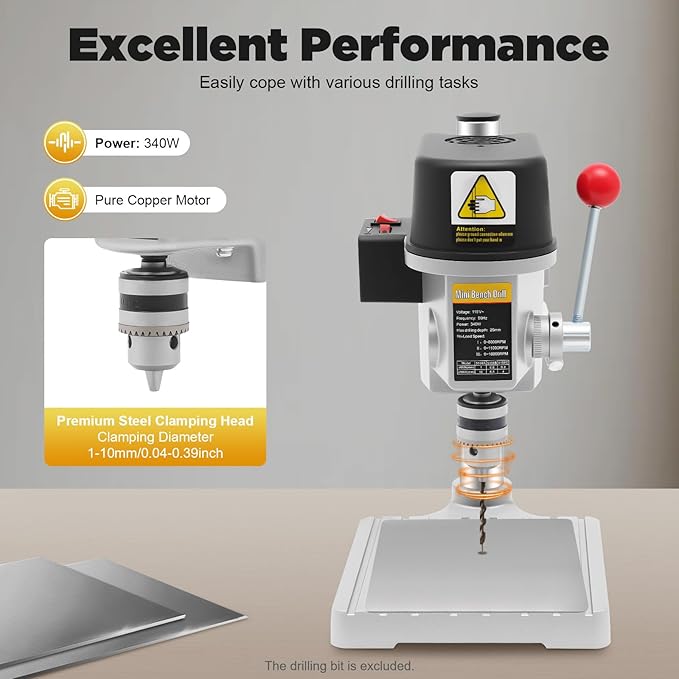 3-Speed Benchtop Drill Press Table, Electric Bench Drilling Machine, Mini Drill Press Stand, Tabletop Drilling Machine 110V, 340W Copper Motor Variable Speed, 0-16000 RPM