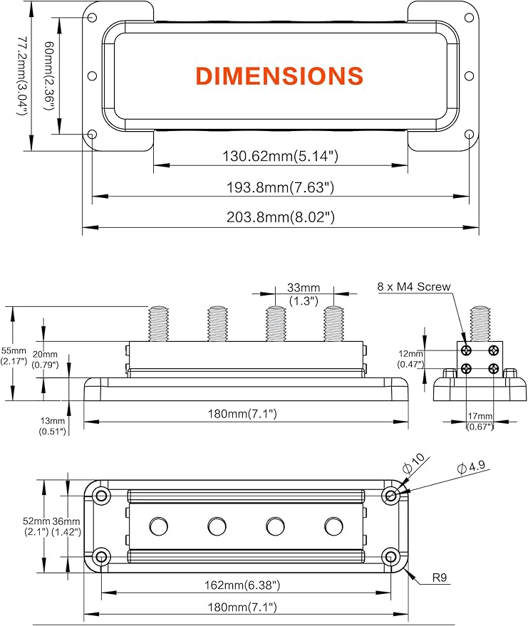 600A Heavy-Duty Bus Bar (2-Pack) Nickel Plated Copper Distribution Terminal Block with Cover 4 M10 (3/8 in) Studs & 8 Screws Buss Bar for Solar RV Marine Car Audio 12-48V DC Battery System