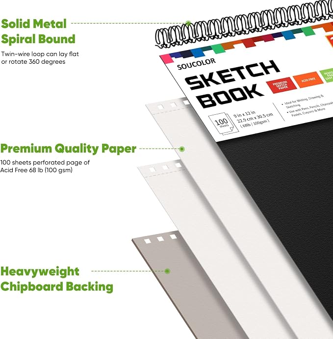 Soucolor Artist 9x12 Sketch Book Set, 4 Pack 400-Sheet Spiral Drawing Pads | - Image 2