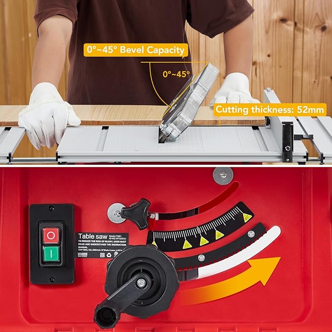 Table Saw, 10 Inch 15A Multifunctional Jobside Table Saw with Stand & Push Stick, 90° Cross Cut & 0-45° Bevel Cut, 5000RPM, Adjustable Blade Height for Woodworking