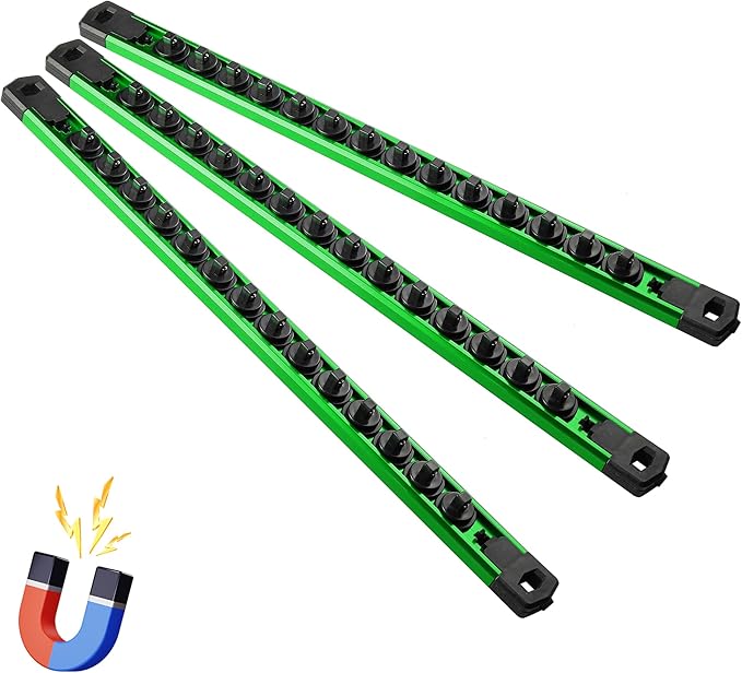 Magnetic Socket Organizer, 3-Piece Heavty Duty Aluminum Socket Holder, Socket Rail for Tool Box, Premium Quality 360° Swivel Socket Rack with 42 Clips for 1/4-Inch(Green)