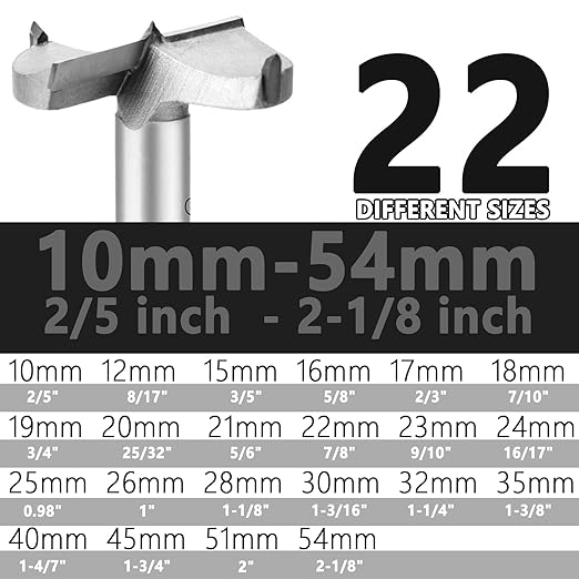 22 Pcs Forstner Drill Bit Set 10-54mm (2/5" to 2-1/8") Wood Hole Saw,Wood Cutter for Woodworking (22PCS Set (10-54mm))