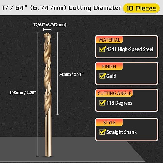 Drill Bit, 17/64" Cutting Diameter (6.747mm), 4241 HSS Gold 118° Cutting Angle Versatile Jobber Bits - (Applications: for Drilling Plastic Wood Soft Thin Metal), 10-Pieces