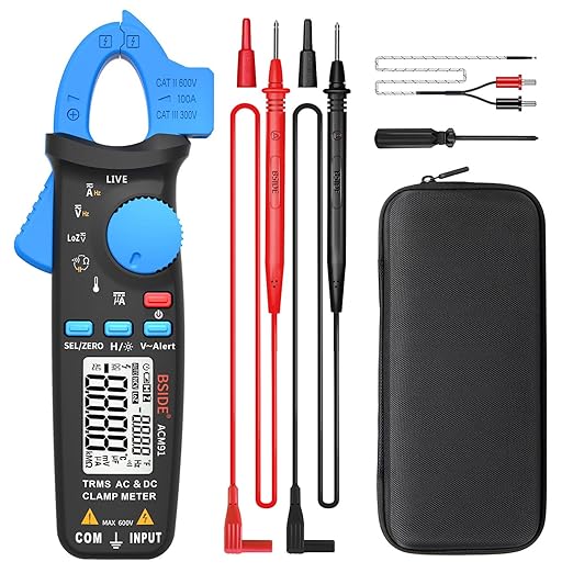 BSIDE DC Amp Clamp Meter 1mA Current True RMS Auto-Ranging 6000 Counts Digital Ammeter Hz Temperature Capacitance Live Check V-Alert Low Impedance Voltage Tester with Back Clip