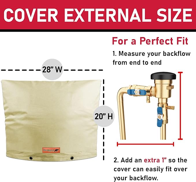 Redford Supply Co. Cold Snap (5°F) Backflow Preventer Insulation Cover, 28"W x 20"H, Pipe Insulation, Water Sprinkler Covers for Outside, Sprinkler Backflow Cover for Winter, Well Pump Bag (Beige)