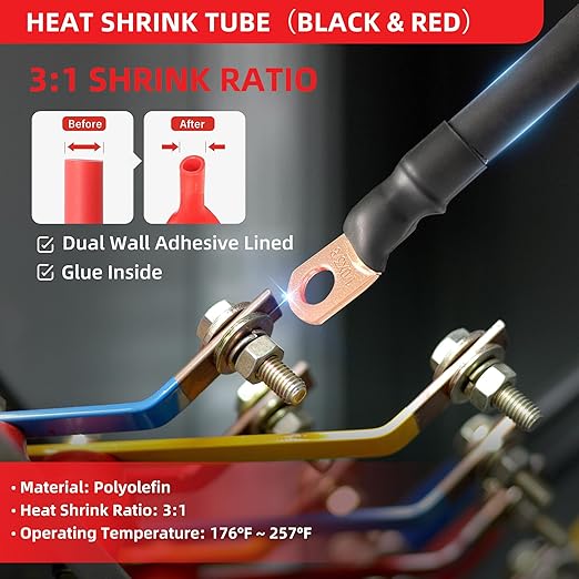 RED WOLF 6 AWG 5/16"(M8) 20 Pcs Wire Lugs Ring Terminal Connectors Ends, 6 Gauge Battery Cable Copper Connector Ring Ends Stud w/Heat Shrink Tubing 3:1 Black Red for Automotive Electrical