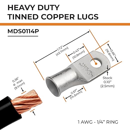 SELTERM 10pcs 1 AWG-1/4 Stud Tinned Copper Wire Lugs, Heavy Duty Cable Ends, 1 Gauge Ring Terminals, UL Battery Lugs Marine Grade Copper Eyelets Electrical Terminal Connectors