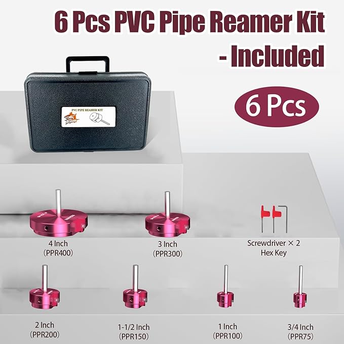 6 Pcs PVC Pipe Reamer Kit, PVC Fitting Saver Plastic Pipe Fitting Reamer Socket Saver Plumbing Tool Includes 3/4'', 1'', 1 1/2'', 2'', 3'', 4'' for Schedule 40 Fits Standard 1/2" Drill