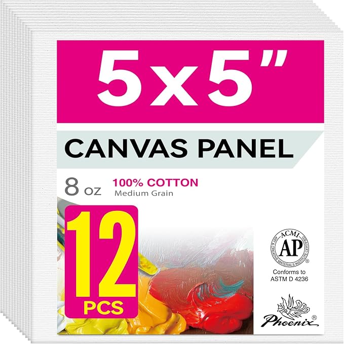 PHOENIX Small Painting Canvas Panels 5x5 Inch, 12 Value Pack - 8 Oz Triple by PHOENIX