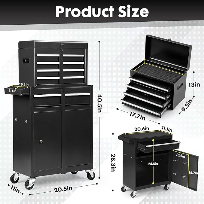 5 Drawers Rolling Tool Chest - Tool Box Organizer with Wheels and Drawers, Detachable Storage Cabinet with Lock for Garage Workshop, Black