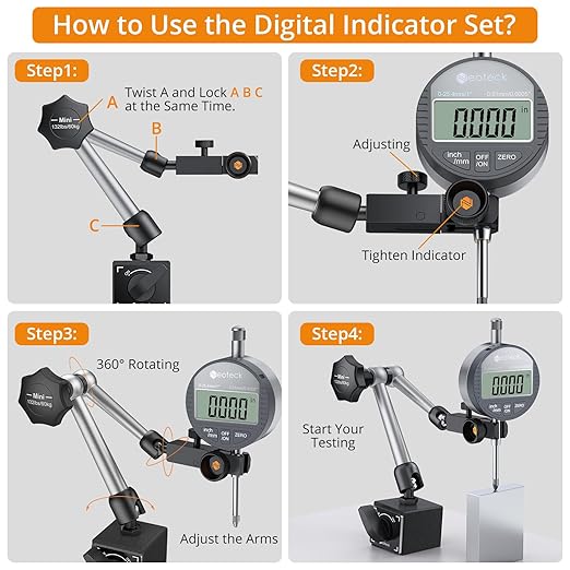 Neoteck 0-1”(0.0005") Digital Dial Indicator Gauge and 132 lbs (60kg) Max Pull Magnetic Base,Digital Dial Indicator Set with Inch/Metric Conversion for 3D Printer and CNC Machine